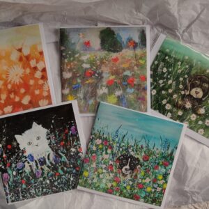 Pack of 5 Art Greeting cards - 'flowers and animals'