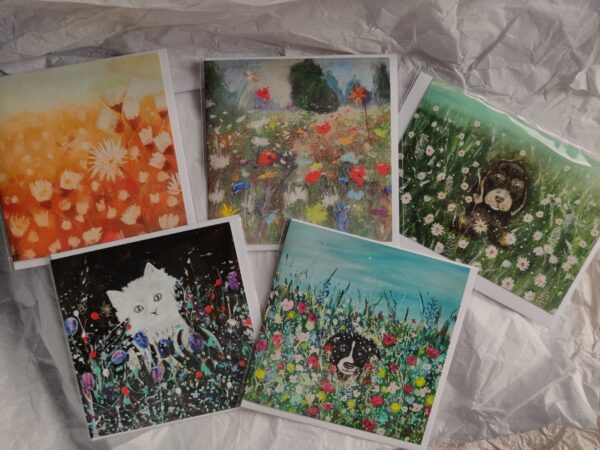 Pack of 5 Art Greeting cards - 'flowers and animals'